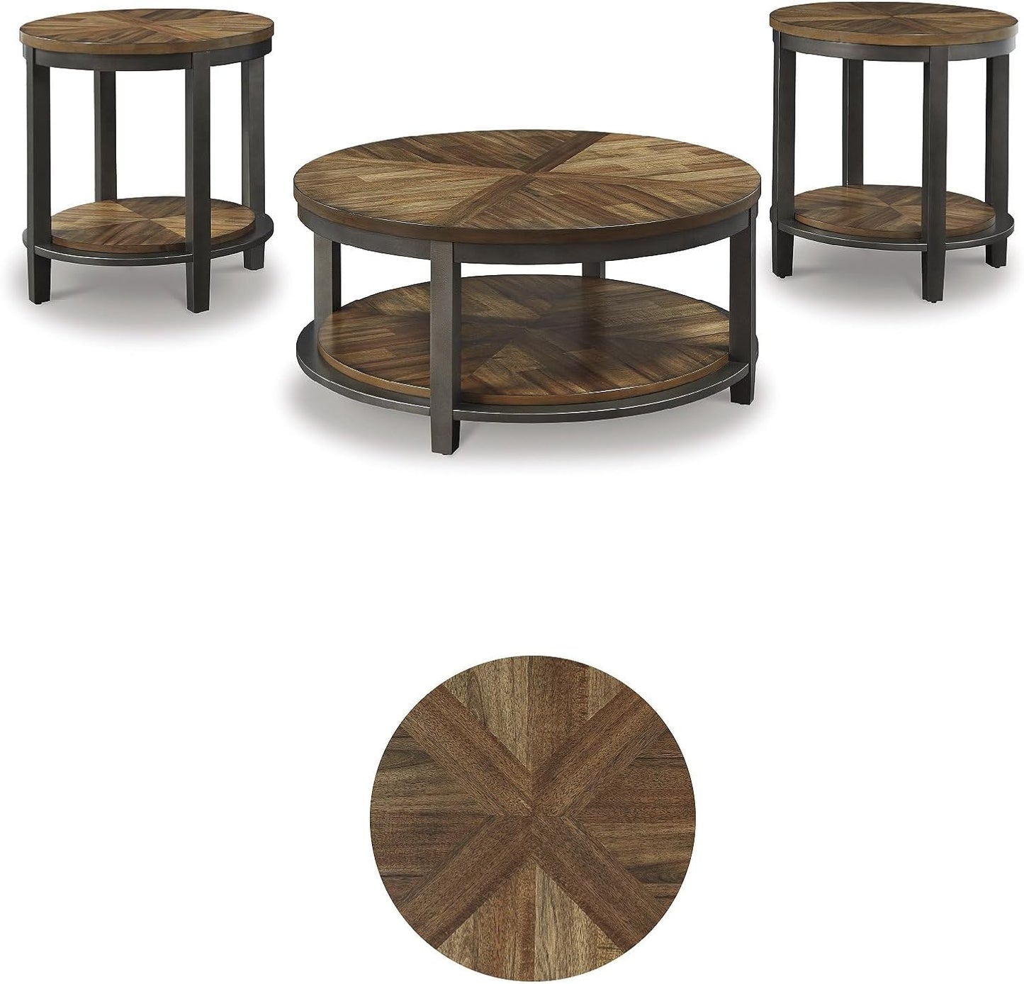 Roybeck Rustic round 3-Piece Table Set, Includes 1 Coffee Table and 2 End Tables with Fixed Shelf, Light Brown