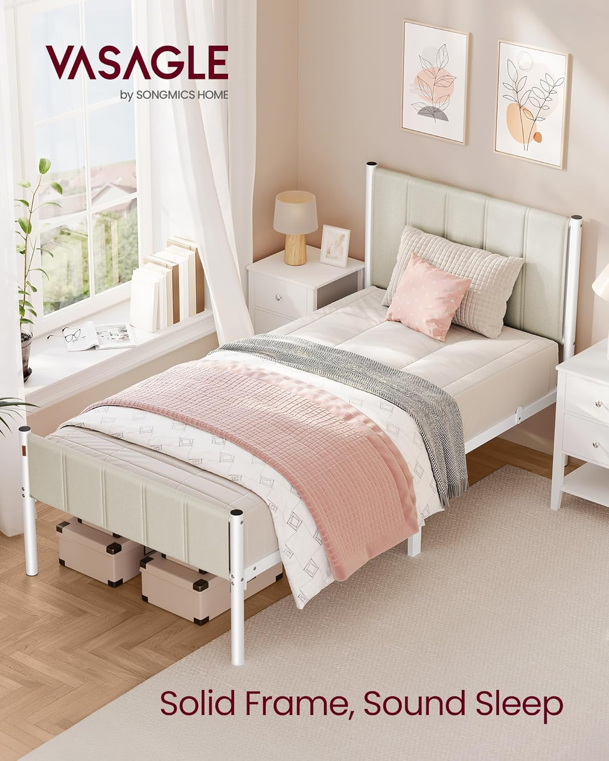 Twin Bed Frame with Upholstered Headboard, Metal Bed Frame Twin Size with Footboard, 550 Lb Weight Capacity, Steel Slats, Easy Assembly, No Box Spring Needed, Cappuccino Beige URMB983W01V1