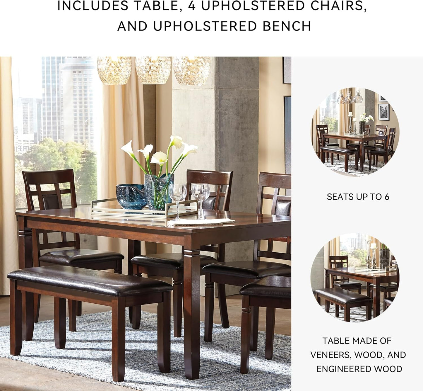 Bennox Dining Room Set, Includes Table, 4 18" Chairs & Bench, Brown