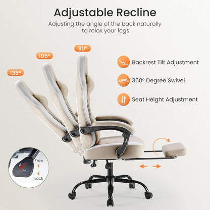 Computer Gaming Chair - High Back Ergonomic Desk Chair with Footrest and Lumbar Support, Height Adjustable Task Chair with Linkage Armrests and Headrest, 360° Swivel Wheels, Khaki