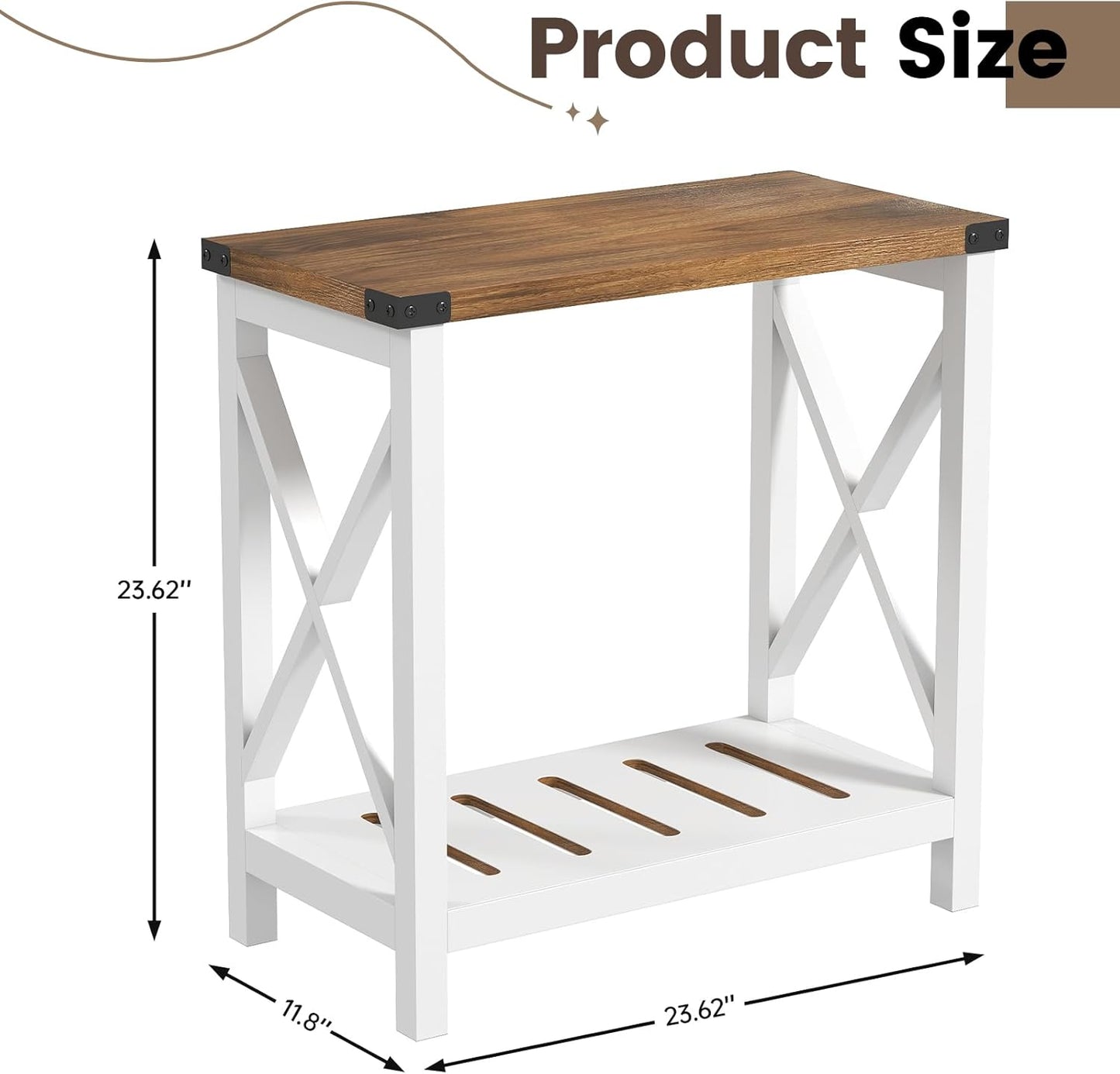 Farmhouse Side Table with Storage Shelf, Narrow Bedside Table for Small Space, Slim End Table, Rustic X-Design Nightstand for Living Room, Bedroom, White & Brown