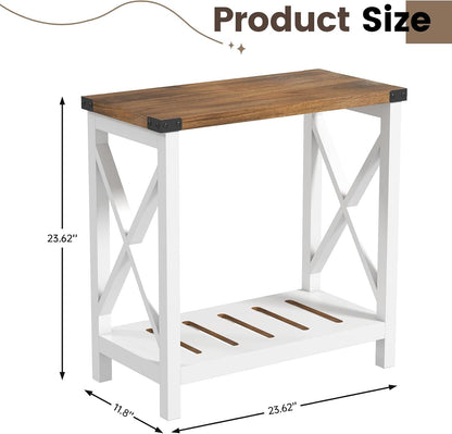 Farmhouse Side Table with Storage Shelf, Narrow Bedside Table for Small Space, Slim End Table, Rustic X-Design Nightstand for Living Room, Bedroom, White & Brown