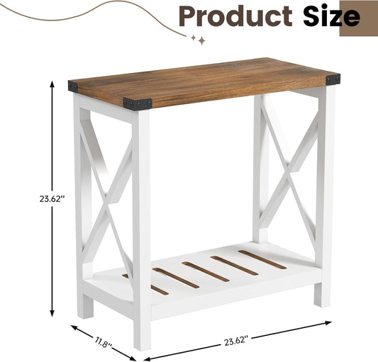 Farmhouse Side Table with Storage Shelf, Narrow Bedside Table for Small Space, Slim End Table, Rustic X-Design Nightstand for Living Room, Bedroom, White & Brown