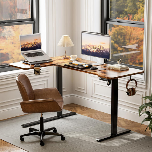 59 Inch L Shaped Standing Desk Electric Adjustable Height, Corner Standing Desk, Electric Sit Stand Table with Reversible Splice Boards for Computer Office Home (Rustic Brown)