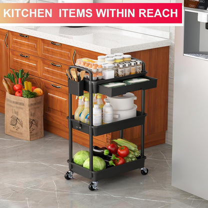 3 Tier Rolling Utility Cart Organizer with Removable Drawer, Stable and Sturdy Black Rolling Storage Carts with 2 Lockable Wheels for Bathroom, Kitchen, Snack, Craft, Makeup, Baby Essentials
