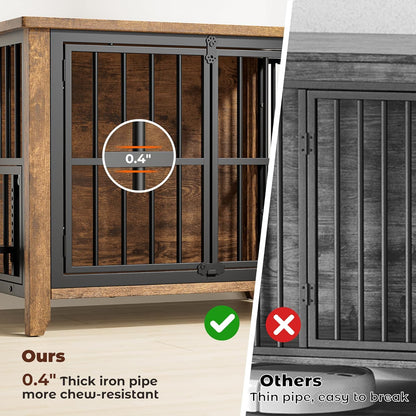 Dog Crate Furniture, Wooden Dog Kennel Indoor with Adjustable 360°& Height Dog Bowls, Double Doors Furniture Dog Crates End Table for Small/Medium 31.5" L*22.5" W*25.6" H, Grey