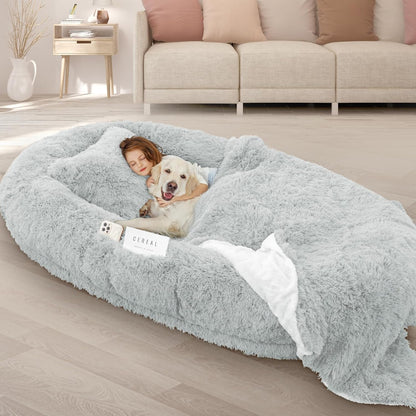 Human Dog Bed, 71''X45''X12'' Size Fits Adult and Pet Washable Giant People Bed 10 CM Thick Memory Foam Large Oversize Pet Bed with Plump Pillow, Blanket, Strap - Grey