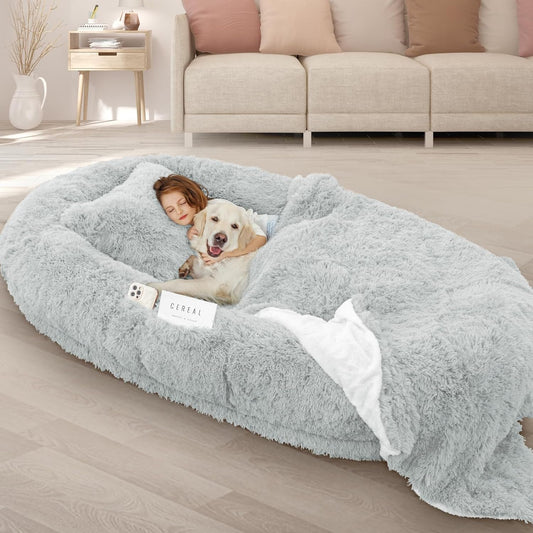 Human Dog Bed, 71''X45''X12'' Size Fits Adult and Pet Washable Giant People Bed 10 CM Thick Memory Foam Large Oversize Pet Bed with Plump Pillow, Blanket, Strap - Grey