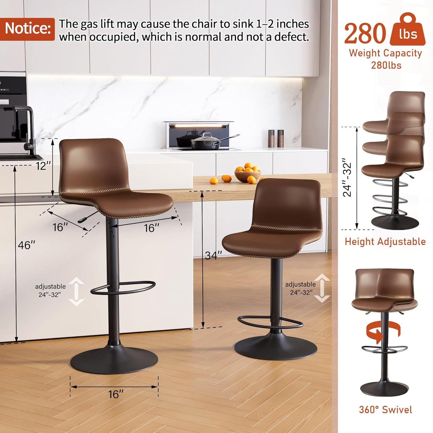 Bar Stools Set of 3, Swivel Counter Height Barstools with Back, Adjustable Height 24" to 32", Brown Faux Leather Bar Chairs for Kitchen Island (Brown, Set of 3 (24'' to 32''))
