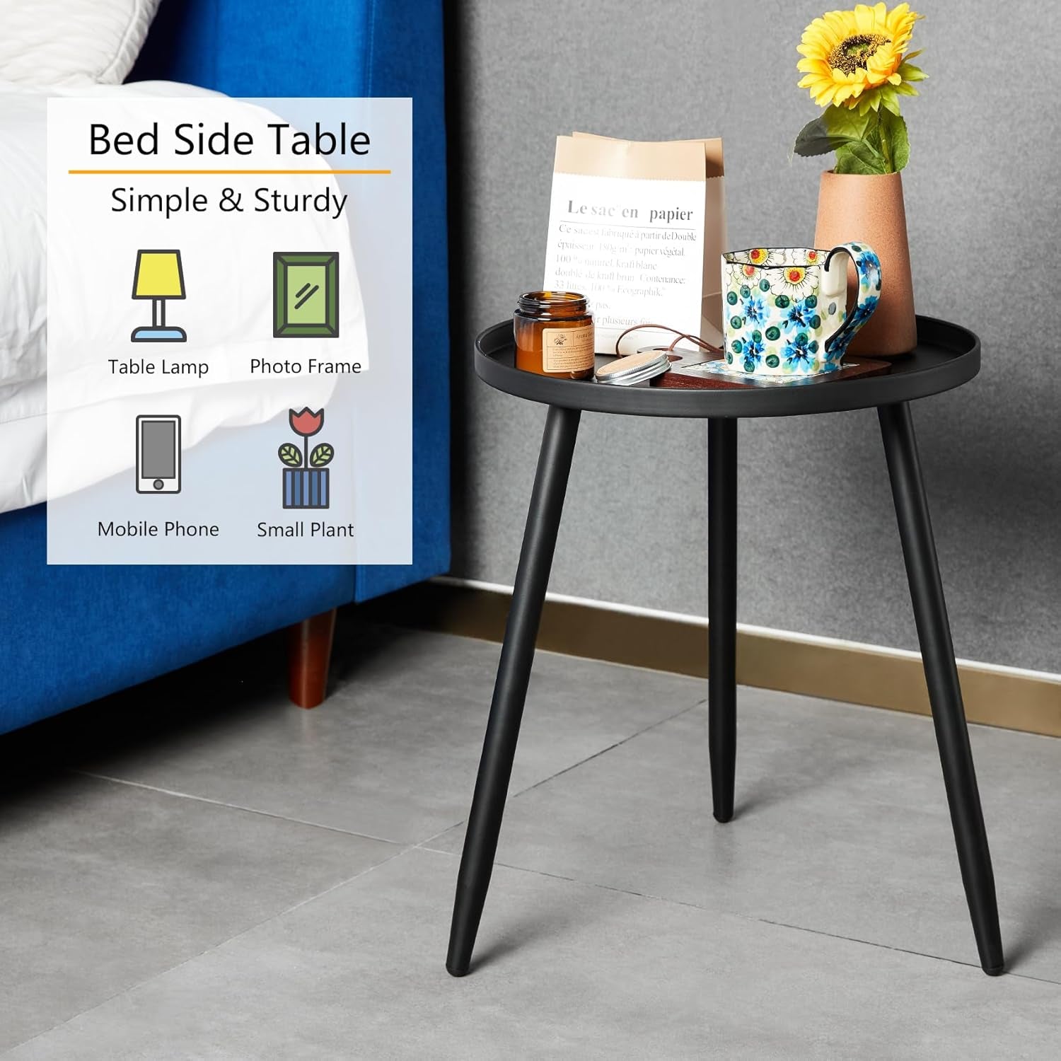 Decent End/Side Tables - Small round Accent Table, Metal Black Narrow Night Stands with 3 Legs, Ideal for Any Room-Side Tables Living Room, Bedroom, Tall Plant Stand Balcony, Indoor & Outdoor