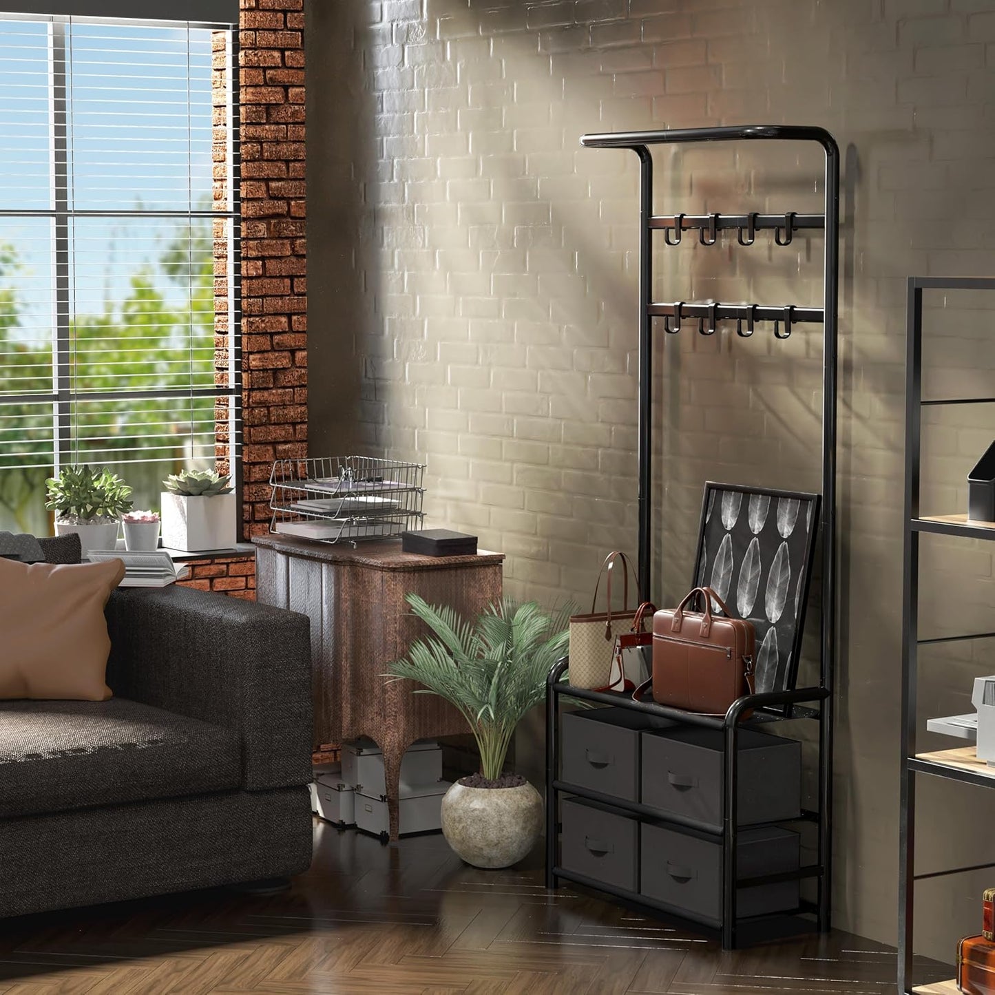 Coat Rack with Storage Shelf, Freestanding Hall Tree with Hooks for Entryway, Bedroom, Office, Black Metal Clothes Hanger Stand for Coats, Hats, Jackets, Bags - Black