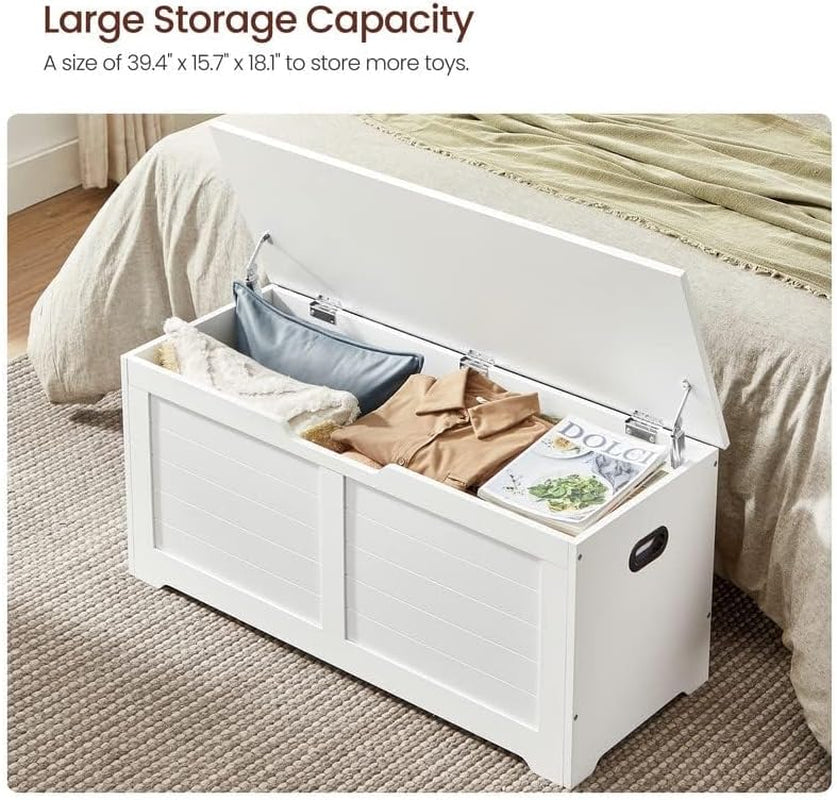 Storage Chest, Storage Bench with 2 Safety Hinges, Farmhouse Style, 15.7 X 39.4 X 18.1 Inches, for Entryway, Bedroom, Living Room, Heather Greige ULSB061K02