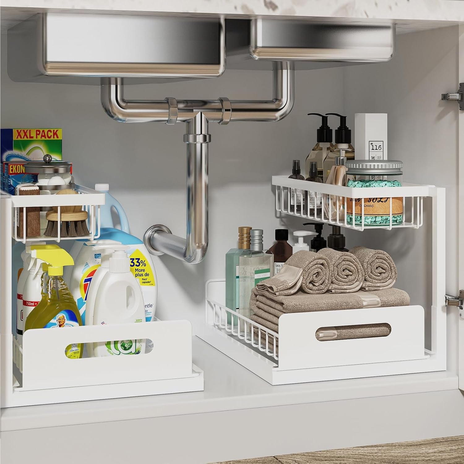 under Sink Organizer, Pull Out Cabinet Organizer Slide Out Sink Shelf Cabinet Storage Shelves, Storages for Kitchen Bathroom, Black, 2 Pack