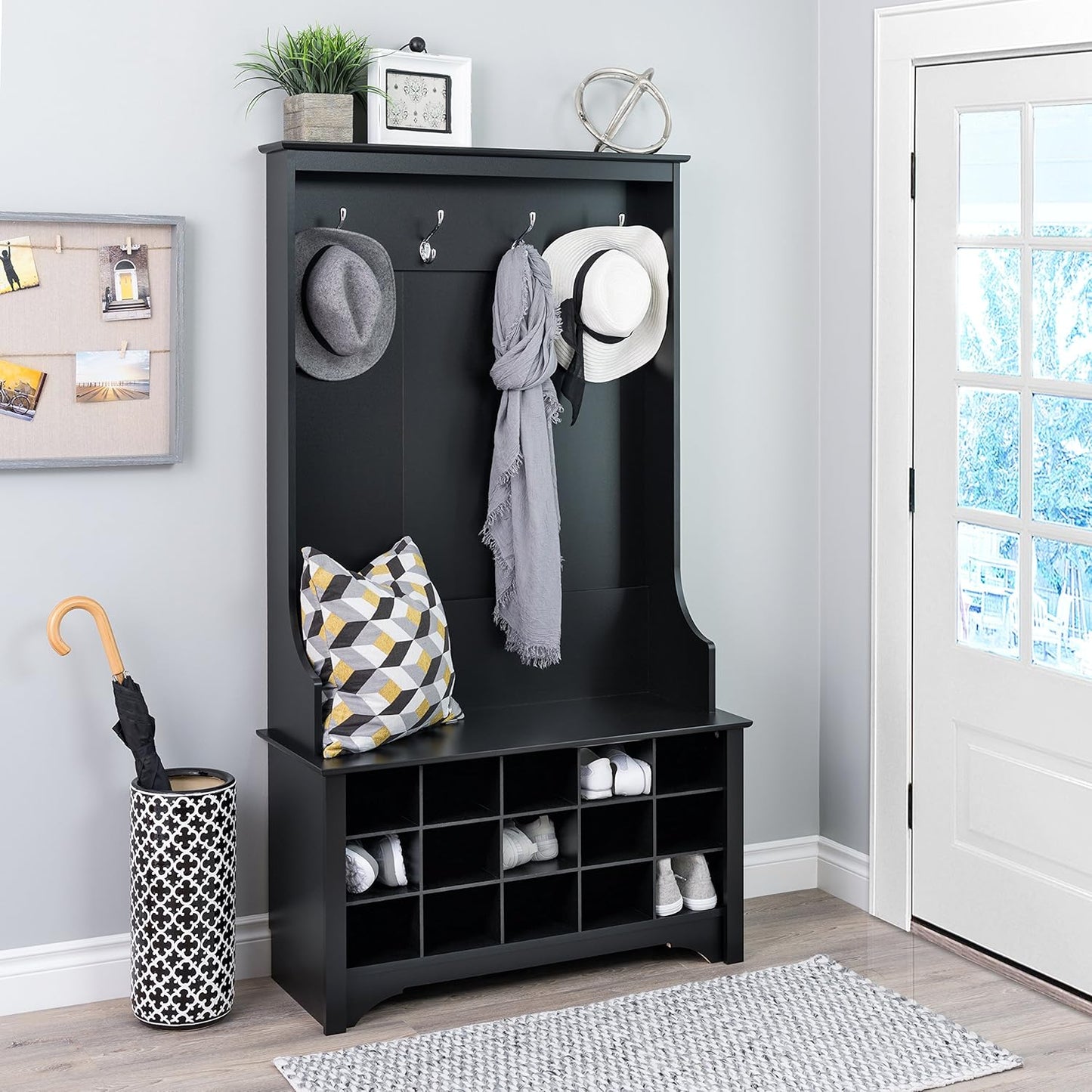 Entryway Organizer, Coat Rack, Hall Tree Features 4 Hooks for Coat Storage, & Hanging Bags; Furniture for Entryway with Bench & 15 Cubbies for Shoe Storage, 38” W X 68” H X 15.5” D, Black