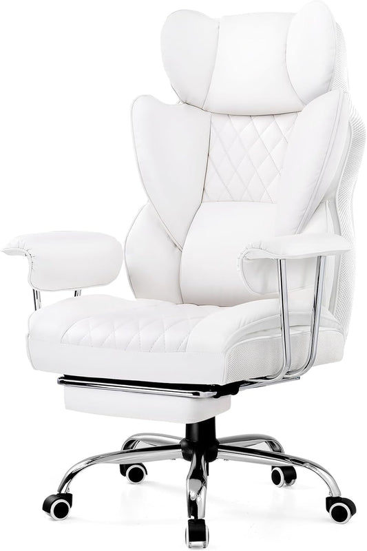 Gaming Chair,Office Chair with Pocket Spring Lumbar Support, Ergonomic Comfortable Wide Office Desk Computer Chair with Outward Fixed Soft Armrests and Footrest,(Pu Leather, White)