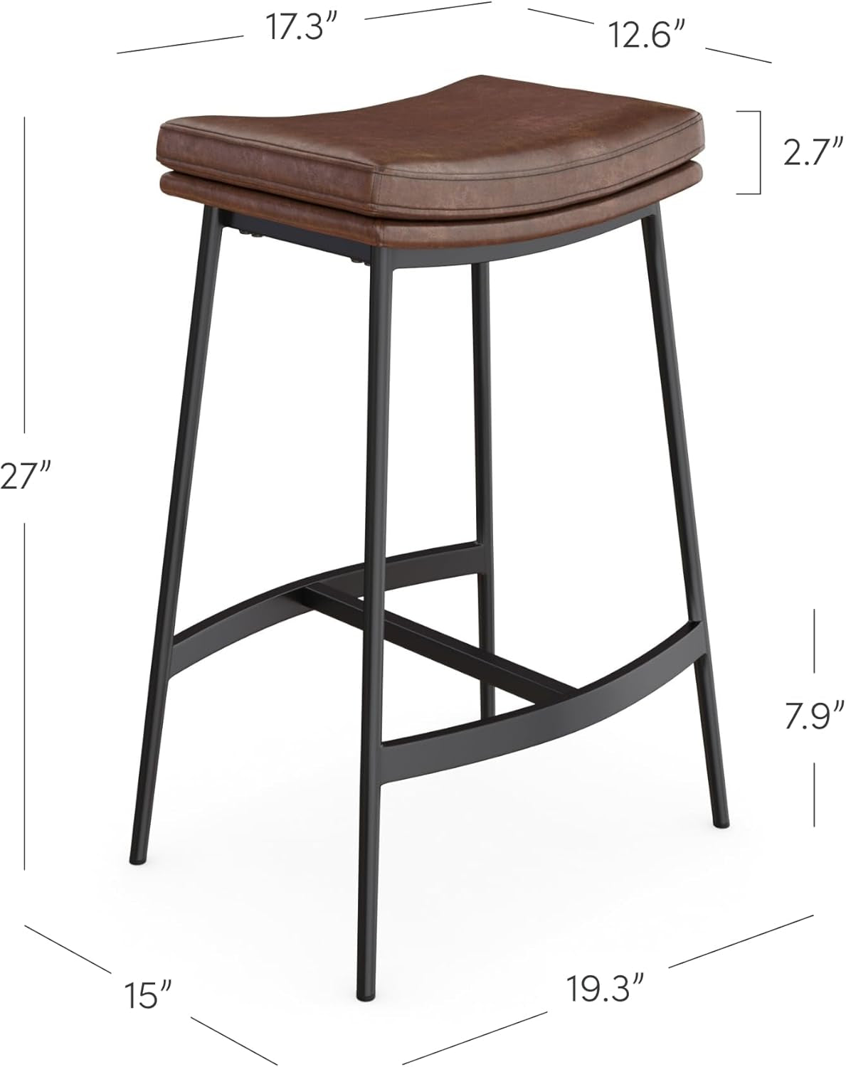 Arlo Modern Backless Upholstered Kitchen Counter Bar Stool with Double-Layered Saddle Seat and Black Metal Base, Brown/Matte Black, Set of 2
