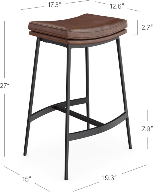 Arlo Modern Backless Upholstered Kitchen Counter Bar Stool with Double-Layered Saddle Seat and Black Metal Base, Brown/Matte Black, Set of 2