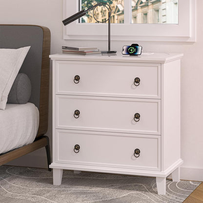 White 3 Drawers Nightstand with Charging Station, Modern Bedside Table 3 Drawers End Table, Storage Cabinet for Bedroom, Hallway, Entryway, Home Office