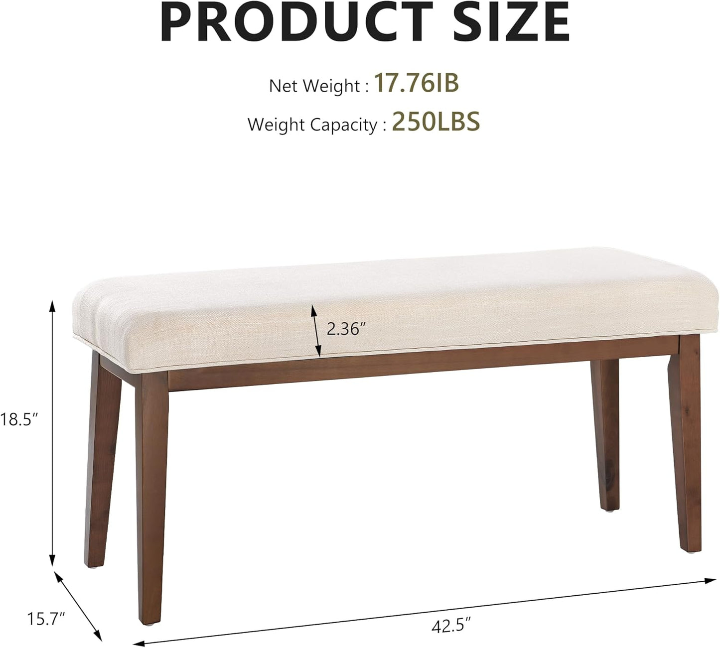 Upholstered Bench for Bedroom End of Bed,42.5-Inch Entryway Bench for Living Room,Dining Bench with Padded Seat and Solid Wood Leg for Kitchen Bedroom,Indoor and Hallway (Bench, Beige)
