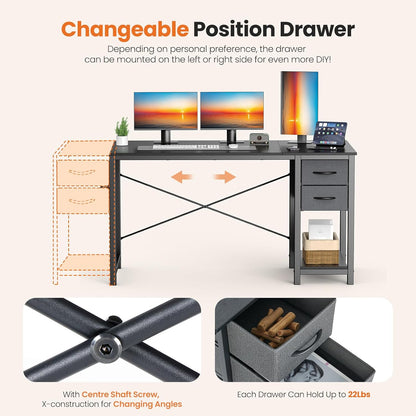 47 Inch Computer Desk with Drawers for Home Office, Writing Desk with X-Shaped Reinforcement, Wood Table with Adjustable Position Drawers, Modern Study Work Table with Side Hook, Black