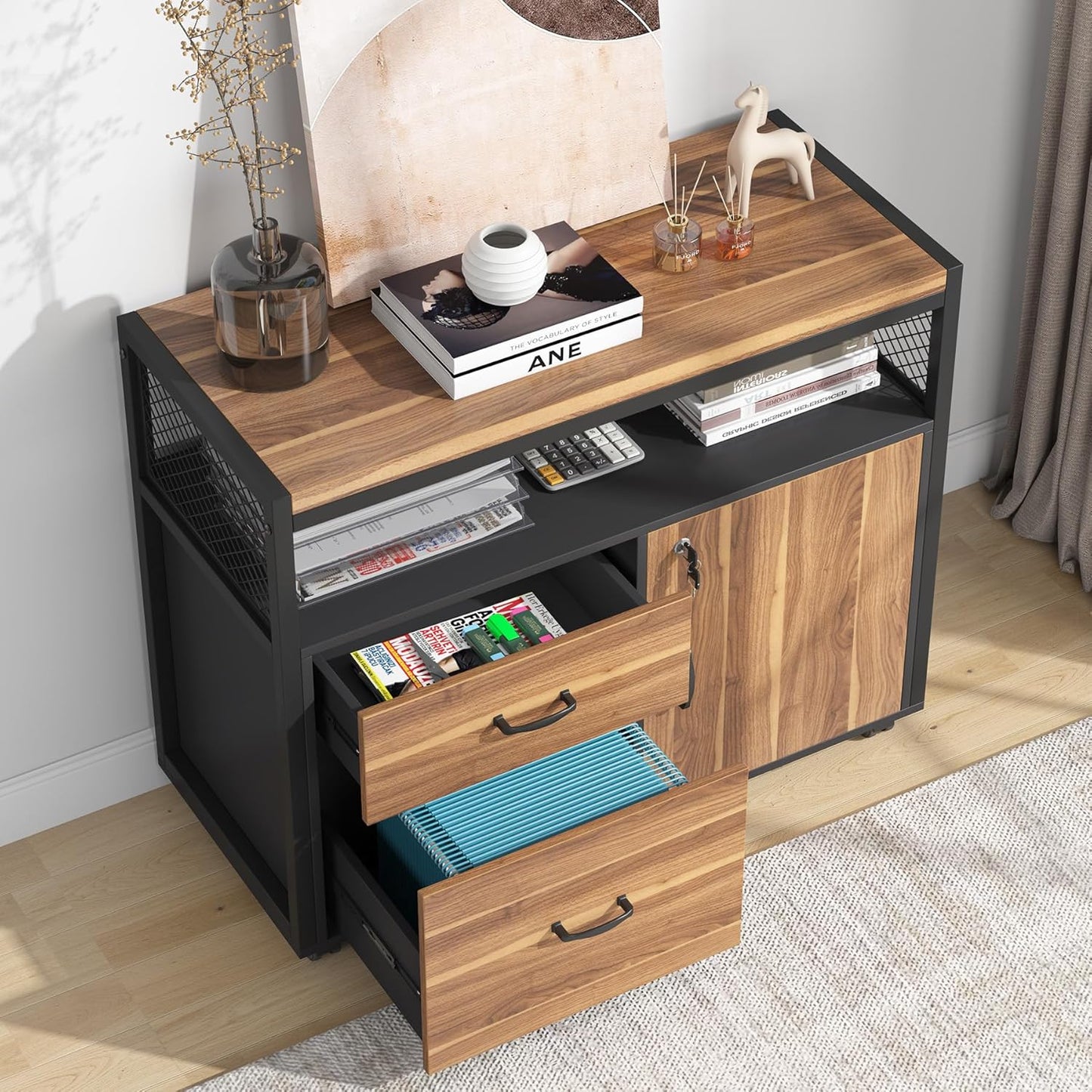 63" Executive with Drawer Cabinet, L Shaped Desk and Lock Lateral File Cabinet, 2 Piece Home Office Furniture Set with Drawers for Hanging File, (Brown, 63 Inches)