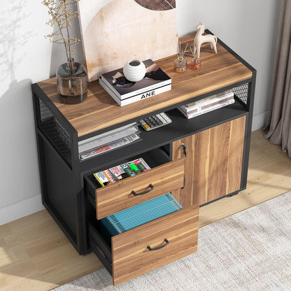 63" Executive with Drawer Cabinet, L Shaped Desk and Lock Lateral File Cabinet, 2 Piece Home Office Furniture Set with Drawers for Hanging File, (Brown, 63 Inches)