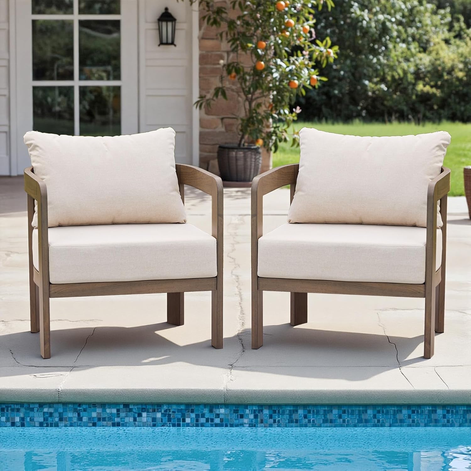 Outdoor Furniture Set, 2Pcs Patio Armchairs, Metal Modern outside Furniture with 6'' Thick Cushions, Outdoor Conversation Set Balcony Chairs for Backyard, Porch,Deck, Beige