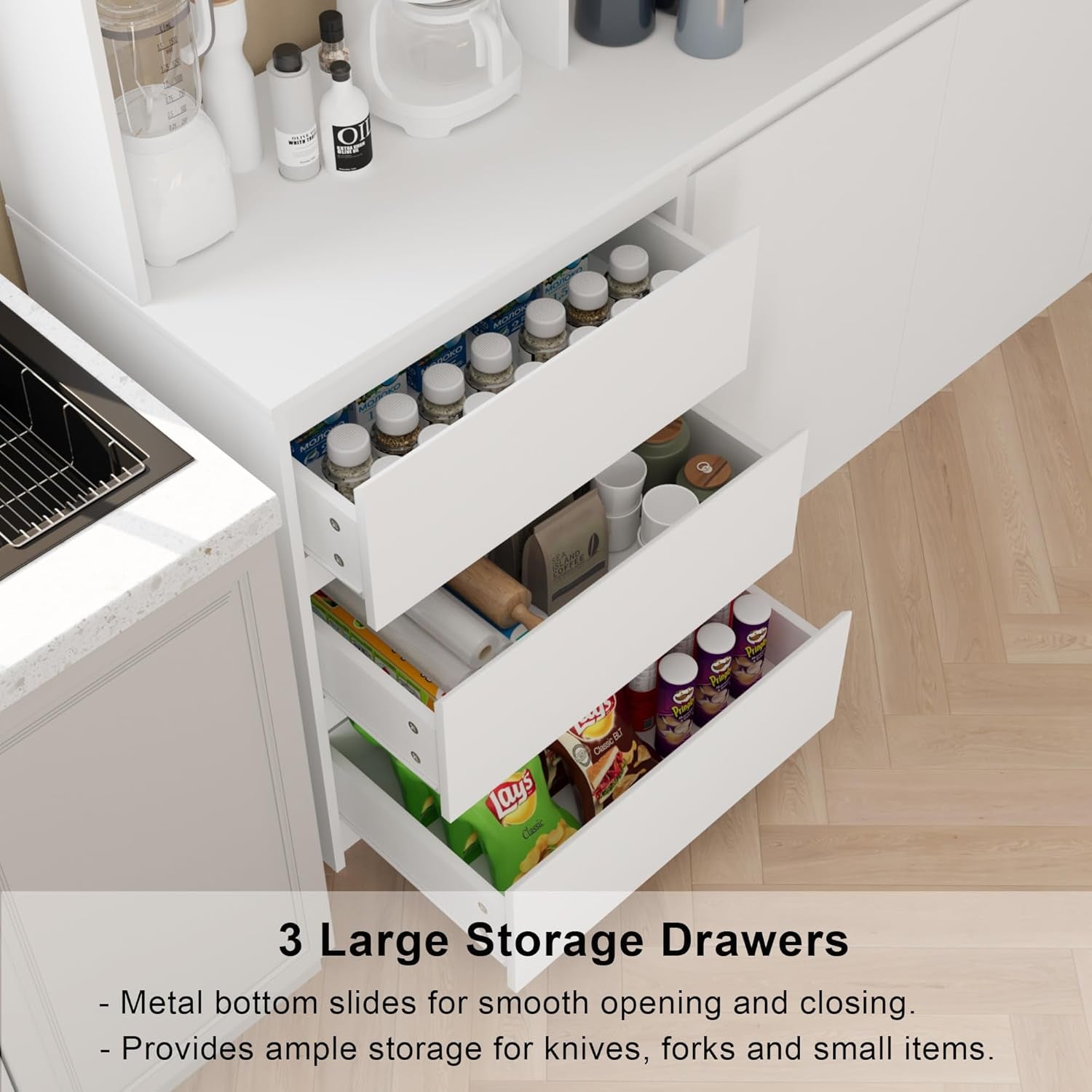 Extra Large Kitchen Pantry with Microwave Shelf, Kitchen Hutch Storage Cabinet with Countertop, Freestanding Countertop Cabinet with 3 Drawers and 3 Open Shelves, White