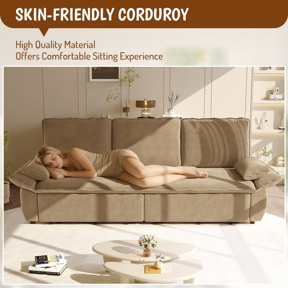 94.5" Pull Out Couch King Size, Futon Sofa Bed, 3-In-1 Convertible Sleeper Sofa Bed with Cushion Armrest, Modern Corduroy Loveseat Couches for Living Room, Small Space, Apartment, Camel