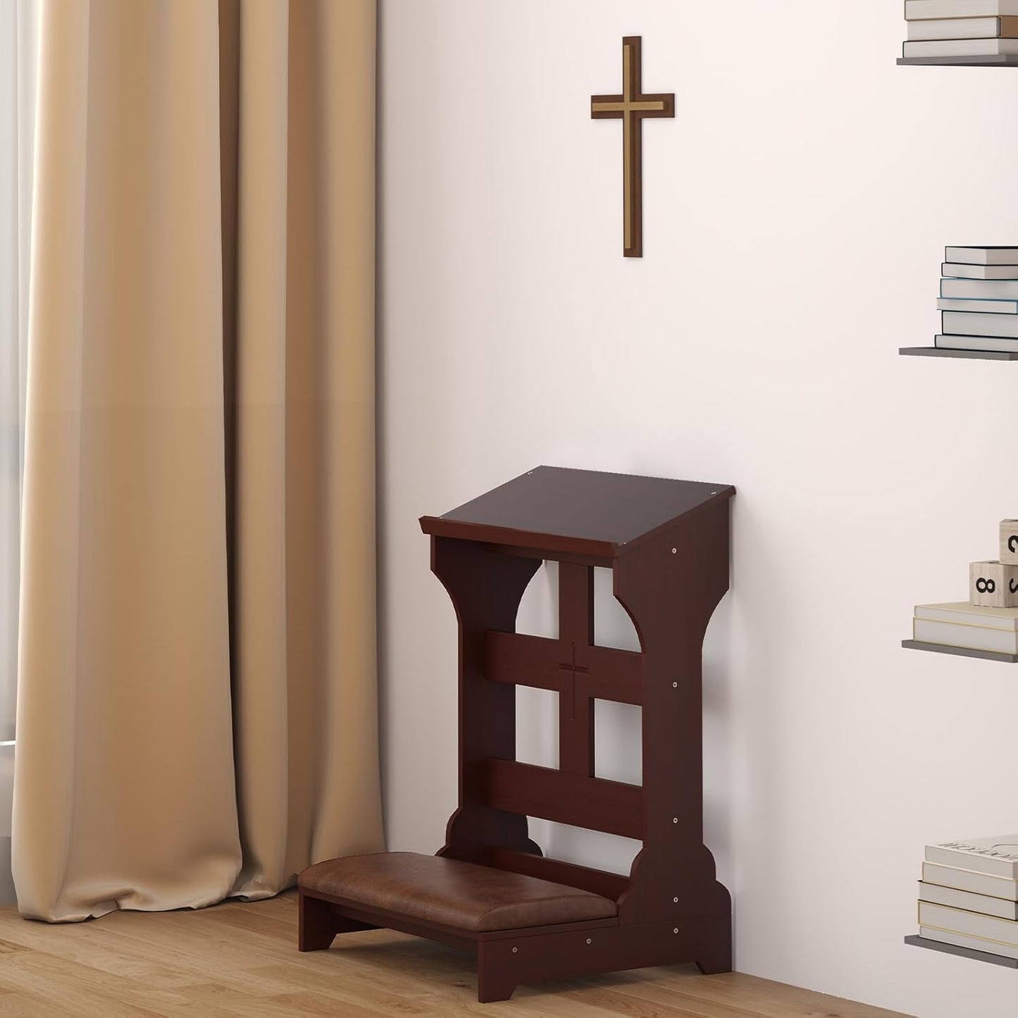Prayer Bench Kneeler, Wooden Prayer Kneeler for Home, Prayer Bench for Kneeling at Home, Padded Kneeler Shelf for Kneeling at Home, Church Prayer Bench Stool Table with Cushion
