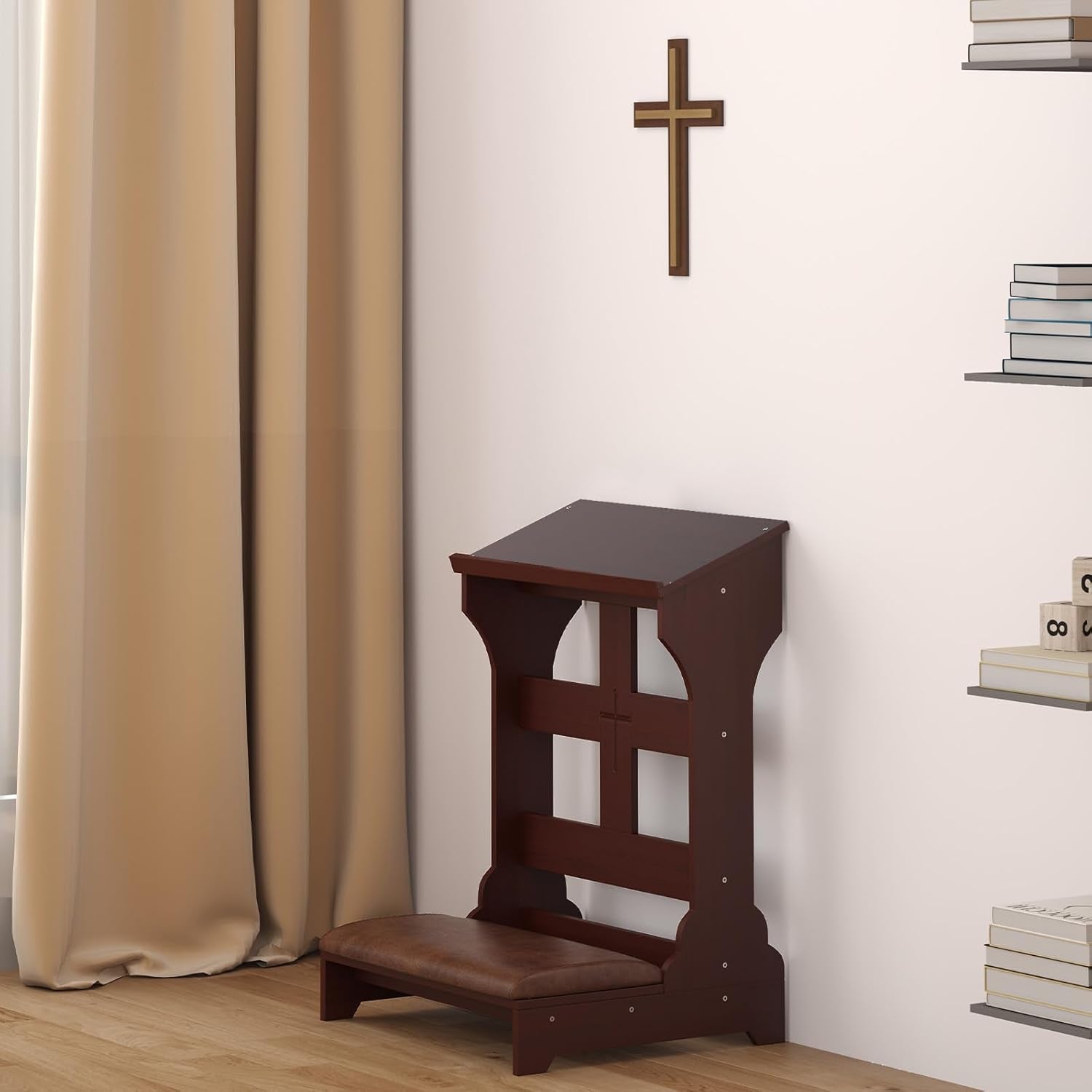 Prayer Bench Kneeler, Wooden Prayer Kneeler for Home, Prayer Bench for Kneeling at Home, Padded Kneeler Shelf for Kneeling at Home, Church Prayer Bench Stool Table with Cushion