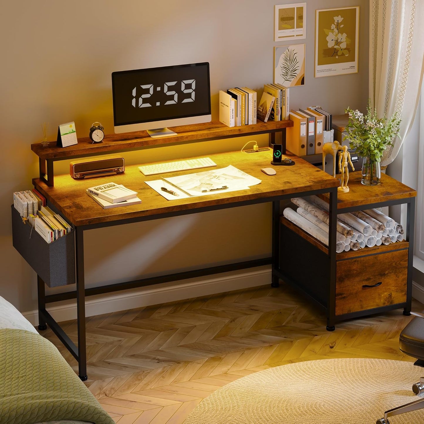 57" Office Desk with Drawers and Printer Space,Computer Desk with Power Outlets,Home Office Desks with File Drawers Cabinet,Study and Gaming Desk with Shelves Monitor Stand,Rustic Brown