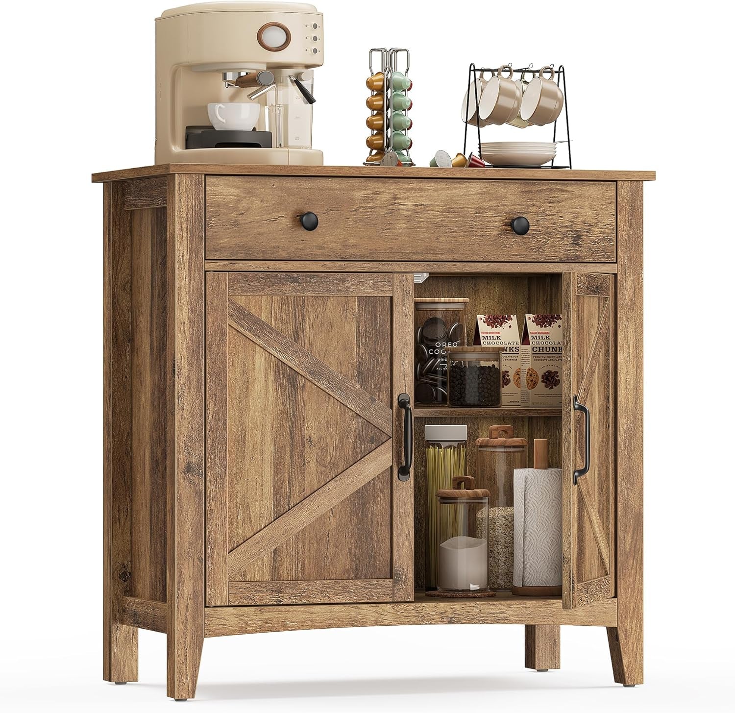 LIRY Collection - Buffet Cabinet, Coffee Bar Cabinet with 3 Drawers, Adjustable Shelves, Sideboard Storage with Cable Holes, Drawer Dividers, Rustic White and Honey Brown UBBK371W01V1