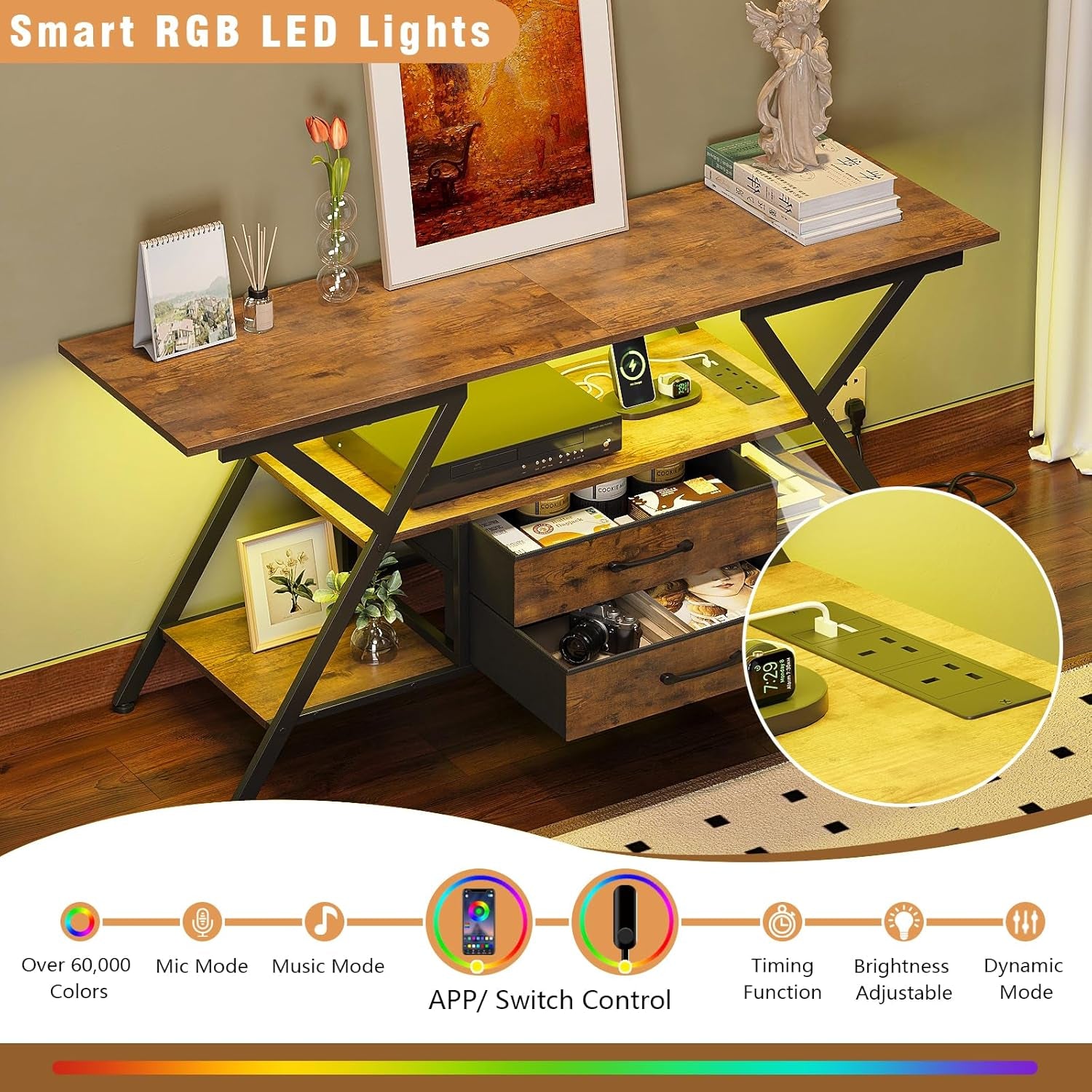 TV Stand with Power Outlet and LED Lights, Fits Tvs up to 65”, 2 Fabric Drawers Entertainment Center with Open Storage Shelves, Media Console for Living Room, Bedroom (Rustic Brown)