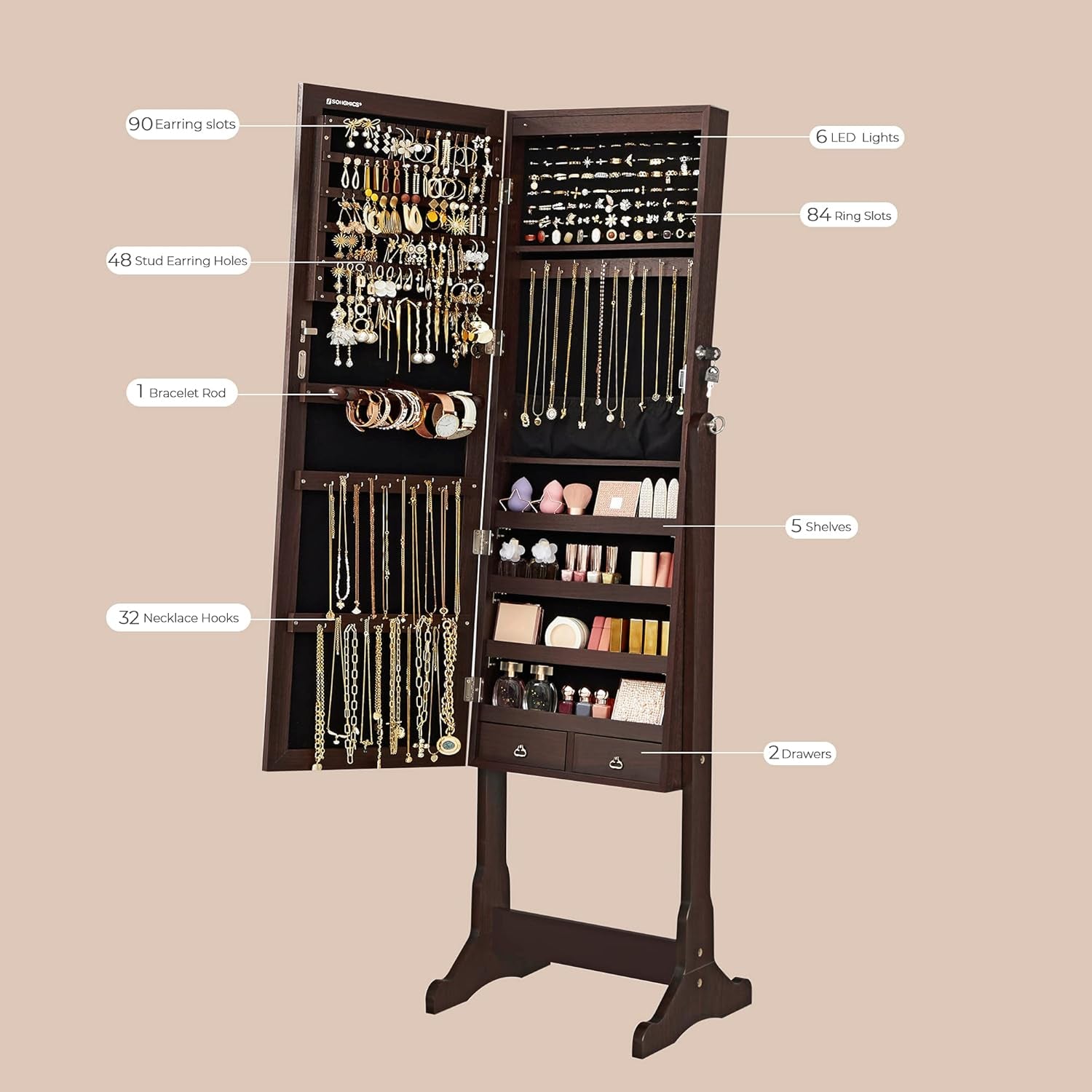 Jewelry Cabinet with 6 LED Lights, Lockable Mirrored Jewelry Armoire Organizer, 2 Drawers, Brown UJJC94K