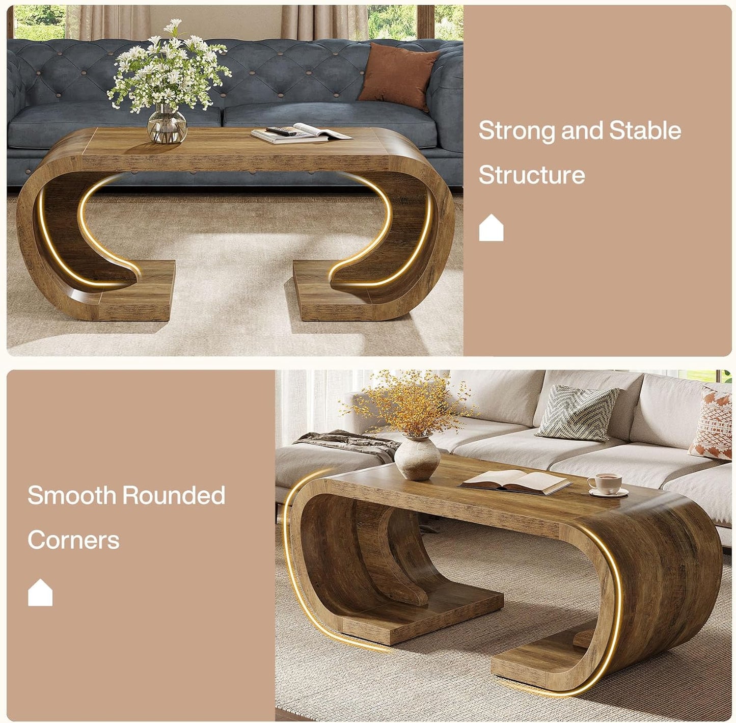 Farmhouse Coffee Table, 47" Heavy Duty C-Shaped Center Table with Curved Base, Large Tea Table for Living Room, Entertainment Room, Home Office, Rustic Brown
