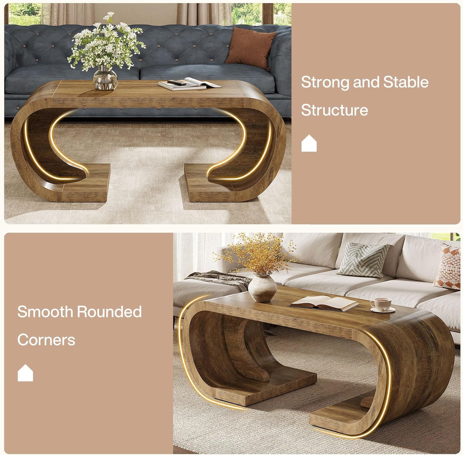Farmhouse Coffee Table, 47" Heavy Duty C-Shaped Center Table with Curved Base, Large Tea Table for Living Room, Entertainment Room, Home Office, Rustic Brown