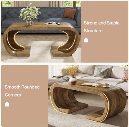 Farmhouse Coffee Table, 47" Heavy Duty C-Shaped Center Table with Curved Base, Large Tea Table for Living Room, Entertainment Room, Home Office, Rustic Brown