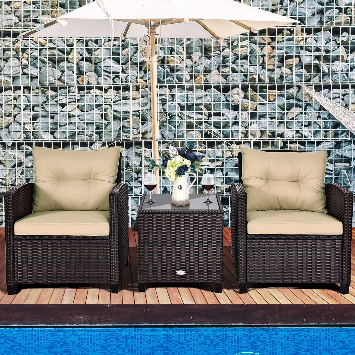 3 Pieces Patio Furniture Set, PE Rattan Wicker 3 Pcs Outdoor Sofa Set W/Washable Cushion and Tempered Glass Tabletop, Conversation Furniture for Garden Poolside Balcony (Beige)