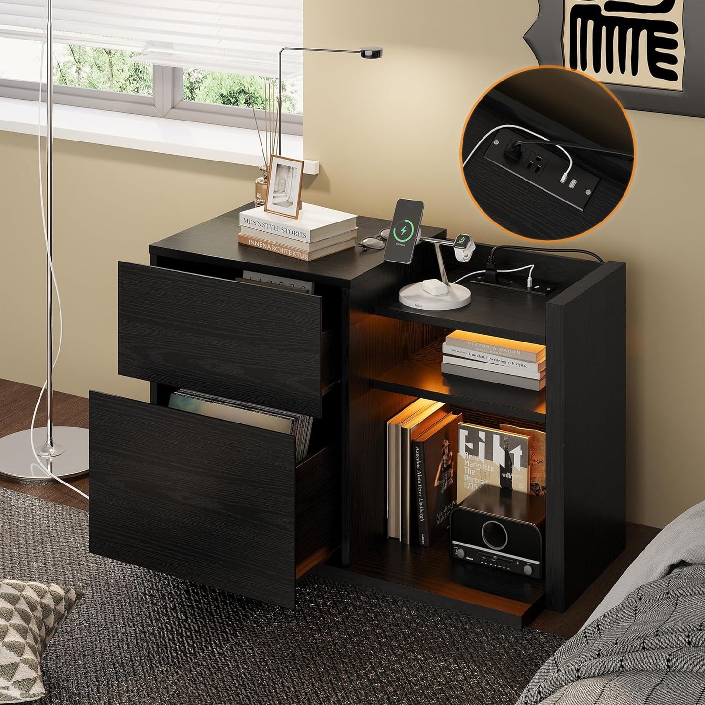 Black Night Stand with Shelves, Charging Station & LED, 2 Drawer Wooden Bedside Table Record Player Stand for Bedroom, Entryway, Large