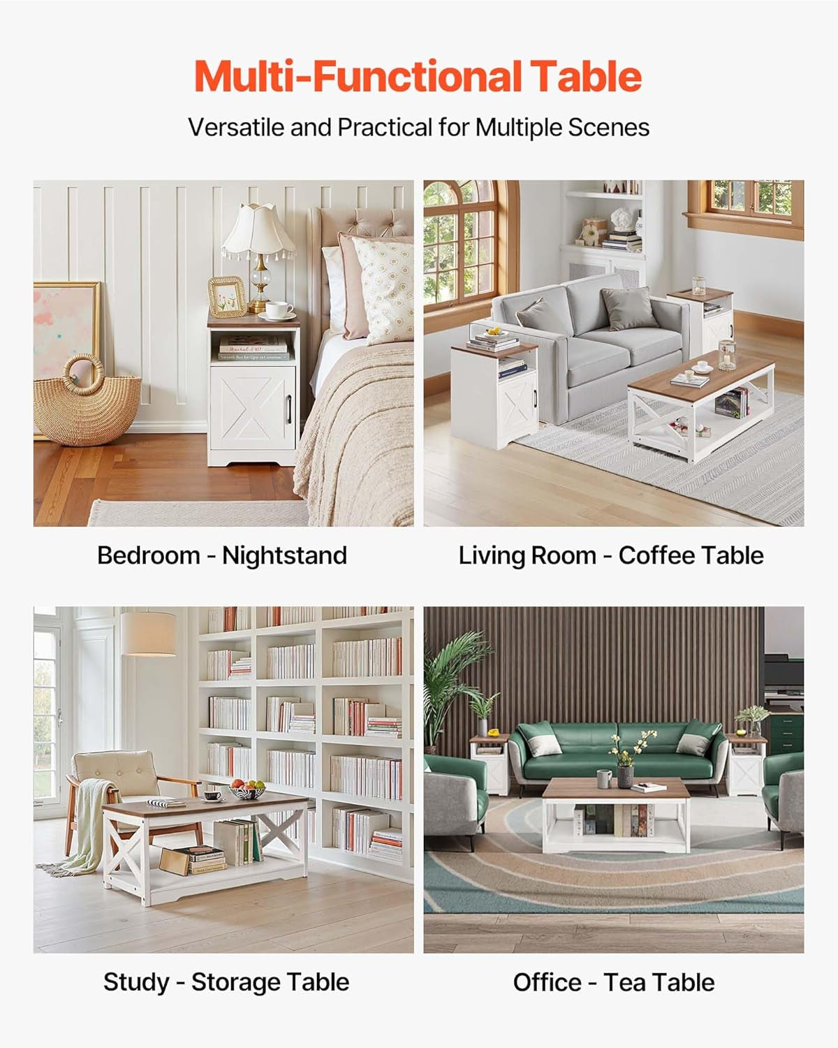 3 Pieces Farmhouse Coffee Table Sets, 40 Inch Industrial Coffee Table with 2 End Tables, Easy Assembly Coffee and Side Tables Sets with Charging Station, for Office, Living Room & Apartment