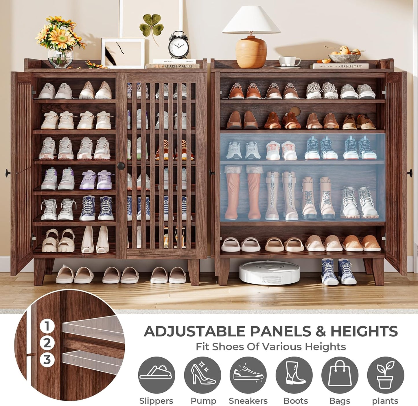 Shoe Cabinet with Slatted Doors, 6-Tier Shoe Storage Cabinet with Adjustable Shelves, Wooden Shoe Rack Organizer for Entryway, Hallway, Closet, Living Room, Walnut