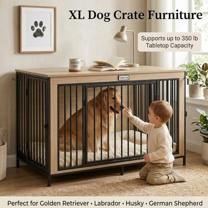 48" XL Dog Crate Furniture for Large Dogs, Farmhouse Light Oak Wood Dog Kennel, Heavy Duty Anti-Chew Steel Frame, Escape Proof Pet Crate, 3 Door Indoor Dog House, TV Stand Entertainment Center 350LB