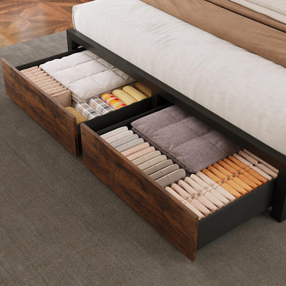Farmhouse Queen Bed Frame with Bookcase Storage Headboard, Charging Station, LED Light and 2 Storage Drawers, Noise Free, No Box Spring Needed, Brown