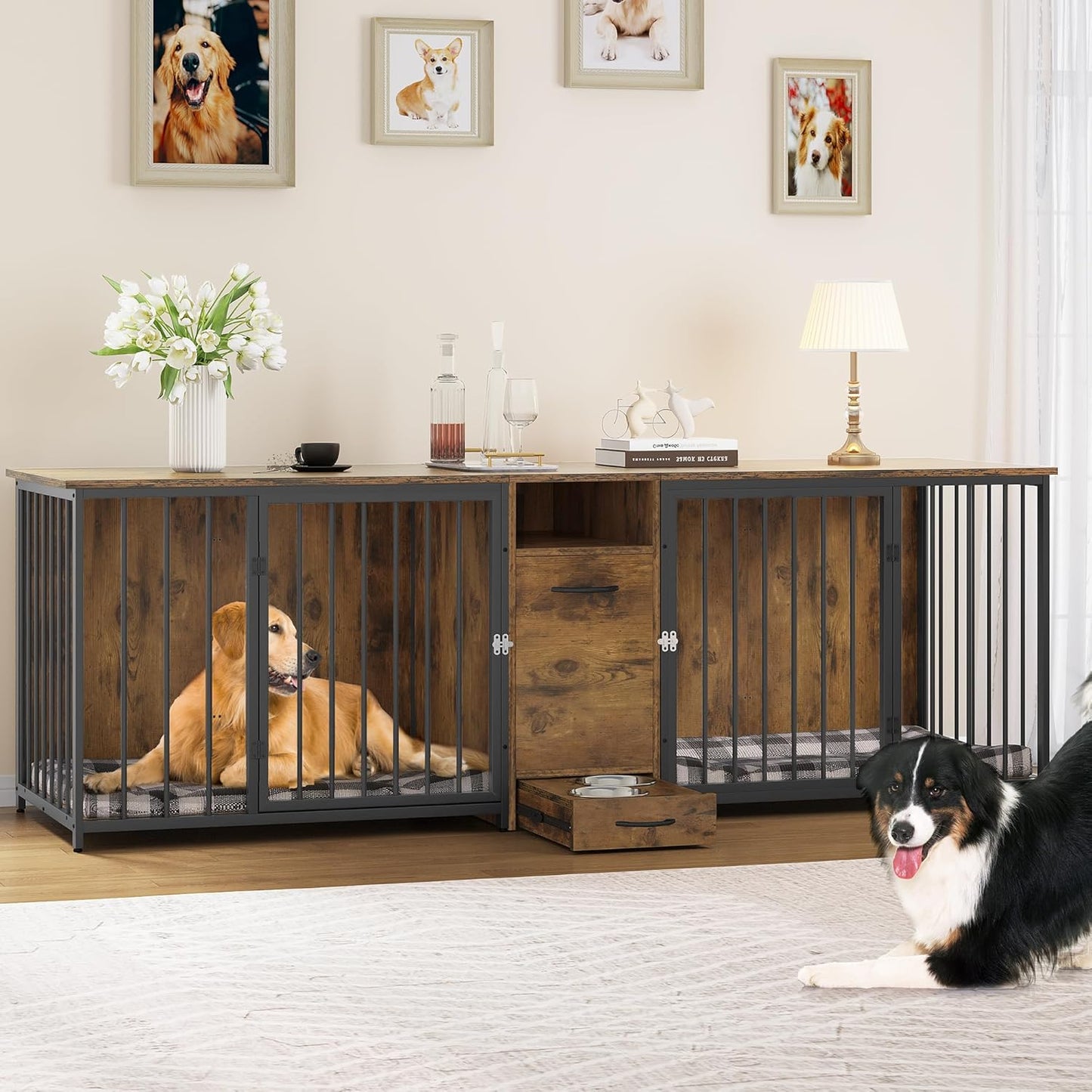 94.5" Large Dog Crate Furniture with Feeder Bowls, Heavy Duty Dog Kennel with Room Divider and Drawer, Wooden Dog House TV Stand Table Indoor for 2 Large/Medium Dogs, Brown