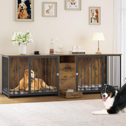 94.5" Large Dog Crate Furniture with Feeder Bowls, Heavy Duty Dog Kennel with Room Divider and Drawer, Wooden Dog House TV Stand Table Indoor for 2 Large/Medium Dogs, Brown