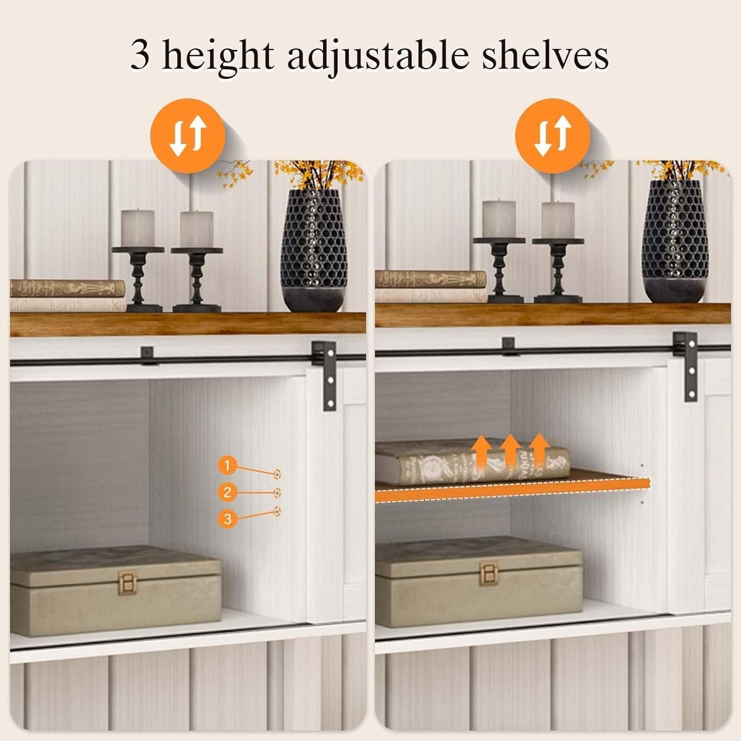 Farmhouse Coffee Bar Cabinet with Storage, 47'' Coffee Bar Table with Sliding Barn Door, White Coffee Buffet Cabinet with Metal Mesh Doors, Console Table with Bottom Open Shelf, Living Room