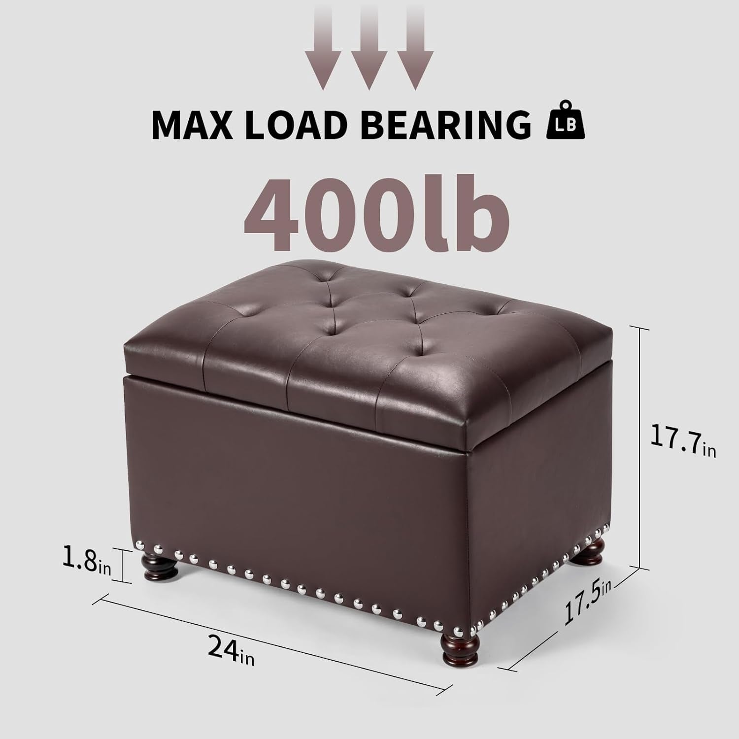 Faux Leather Storage Ottoman Bench Rectangle 24 Inch Foot Rest Ottomans (Brown)