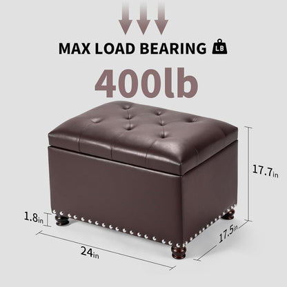 Faux Leather Storage Ottoman Bench Rectangle 24 Inch Foot Rest Ottomans (Brown)