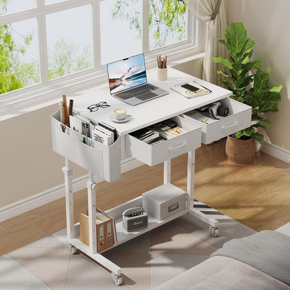 Small White Portable Adjustable Rolling Kids Desk with Drawers & Storage Shelf, 32 Inch Mobile Standing Vanity Desks with Wheels, Couch Sofa Side Laptop Craft Table for Bedroom Home Office